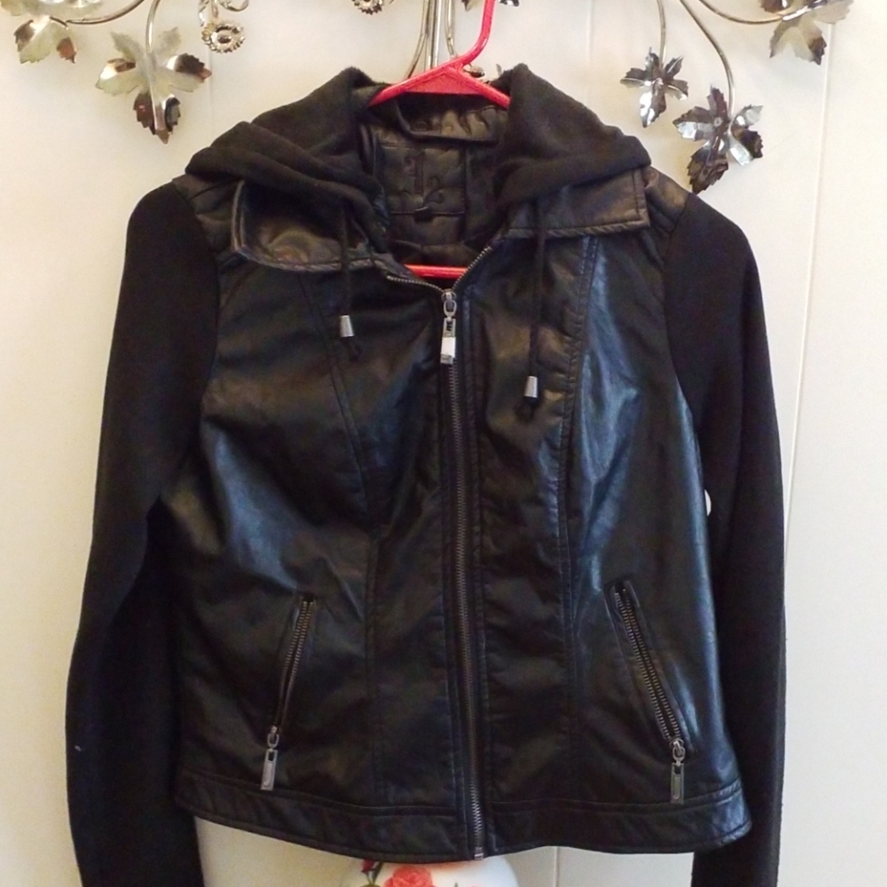 Black pleather moto jacket with knit sleeves
